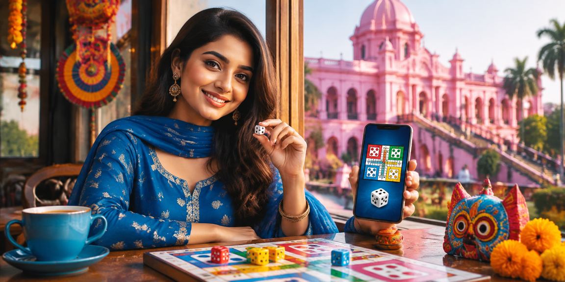 ঢাকায় সালোয়ার-কামিজ পরিহিত মডেলের সাথে ডাইস গেম, মোবাইল নিরাপত্তার প্রতীকী দৃশ্য